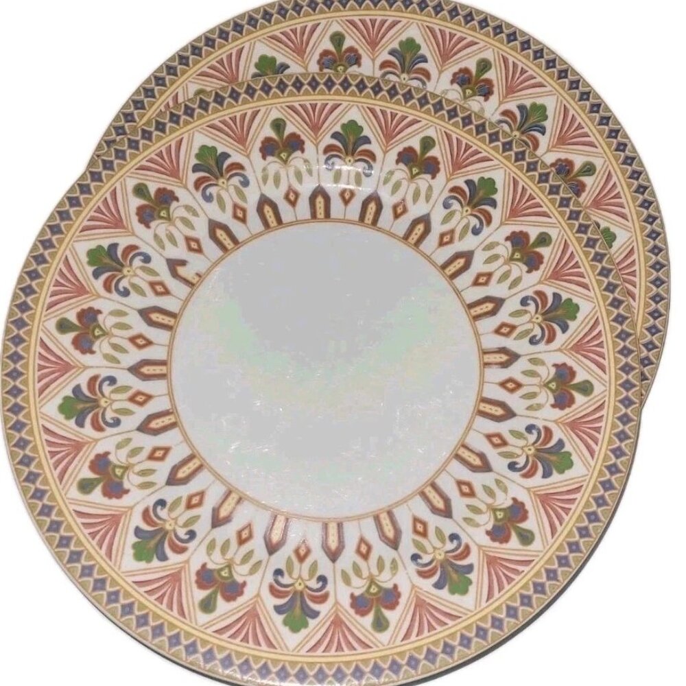 Queens Imari Green Blue Diamond Band Floral Salad Plates Set of 2 India 8.5